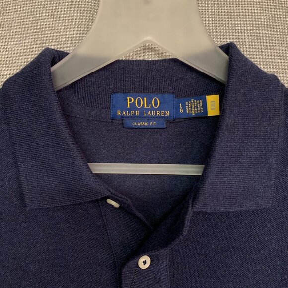 POLO RALPH LAUREN Cotton Mesh Classic Fit Polo Shirt LARGE Heather Navy Blue NWT - Picture 4 of 6